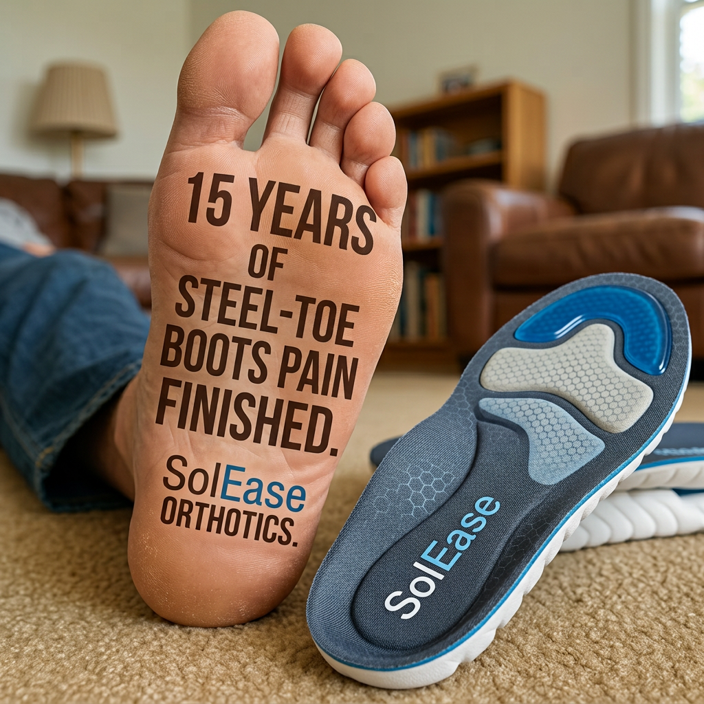 Bare foot with the text 15 years of steel-toe boots pain finished, beside blue and grey SolEase gel orthotic insoles