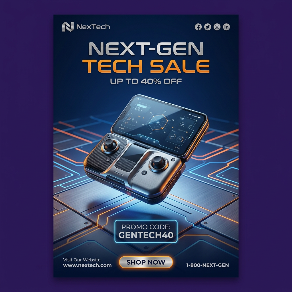 Handheld gaming console over a neon circuit board with Next-Gen Tech Sale up to 40% off and promo code GENTECH40