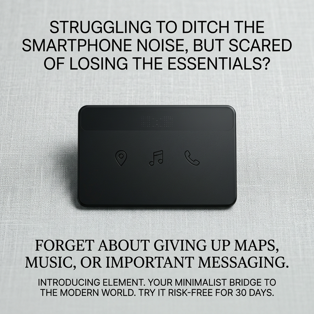 Matte black minimalist phone with map, music and call icons on light grey linen, with copy about ditching smartphone noise