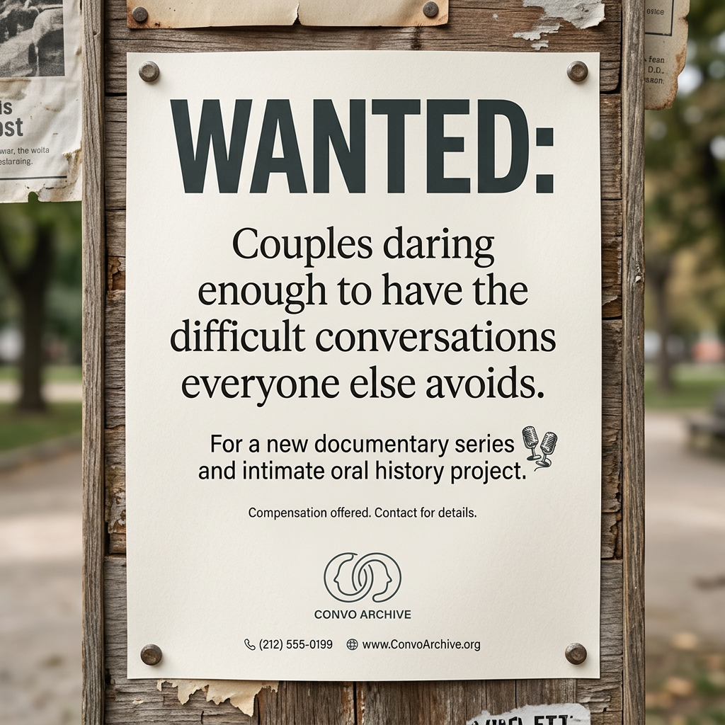 Cream Wanted poster on a weathered wooden pole recruiting couples for a documentary series and oral history project