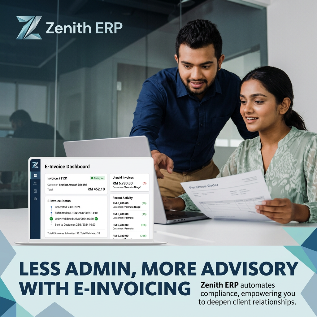 Two colleagues at a laptop beside an e-invoice dashboard, with the headline less admin, more advisory