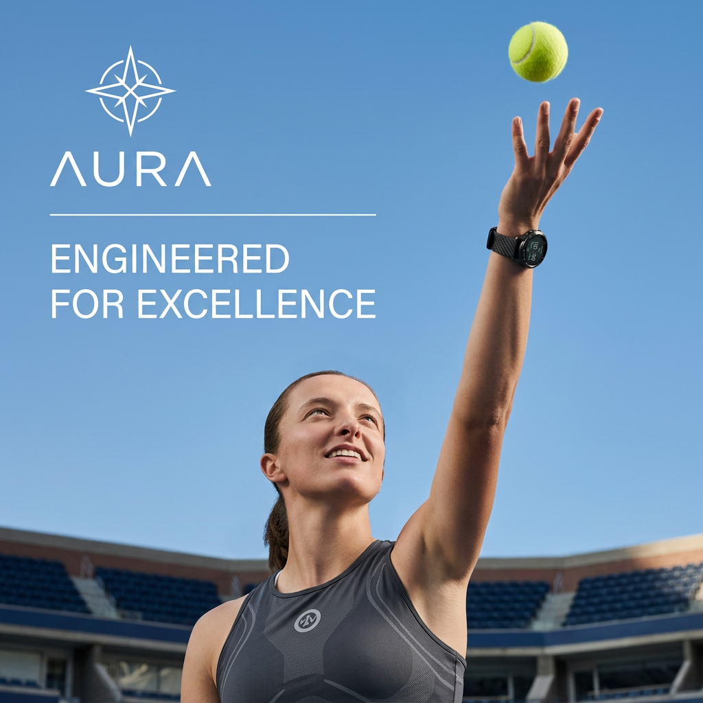 Tennis player tossing a ball to serve, wearing a black smartwatch, with Aura engineered for excellence