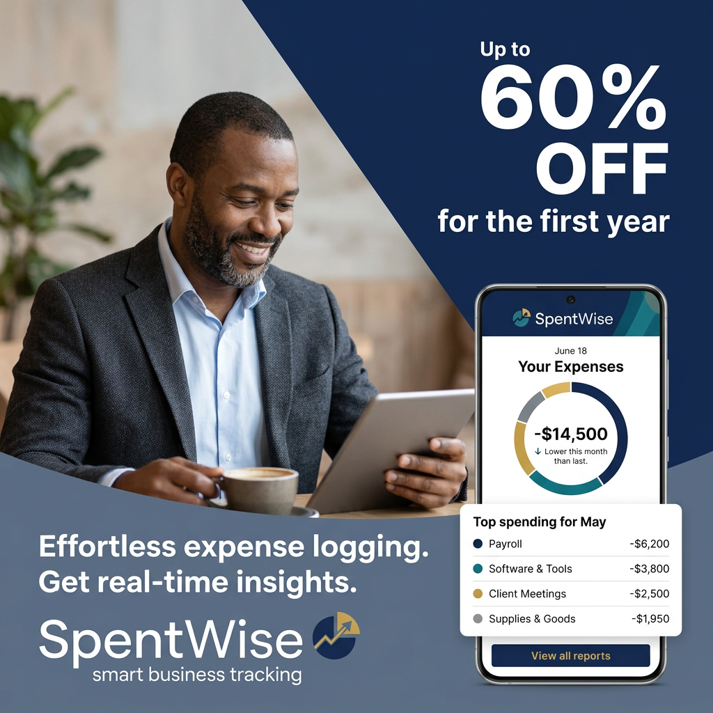 Smiling businessman with tablet beside SpentWise app expenses chart and up to 60% off for the first year