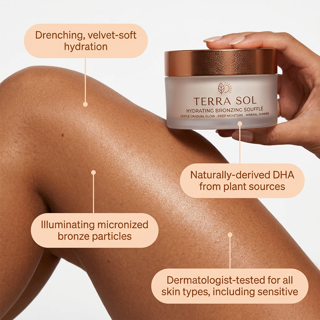 Hand holding a Terra Sol hydrating bronzing souffle jar against a glowing bronzed leg with four peach benefit callouts