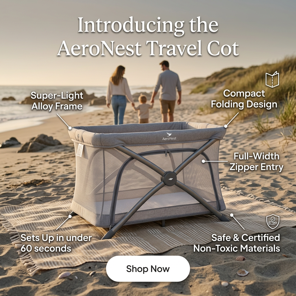 Grey mesh travel cot on a beach towel with feature callouts, a family walking by the sea in the background
