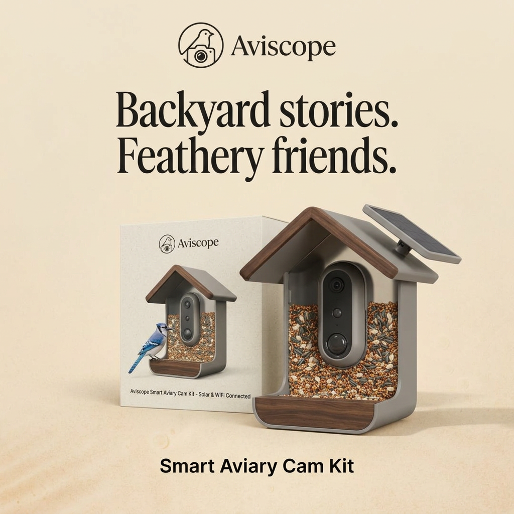 Smart bird feeder with camera and solar panel next to its box on a cream background under the headline Backyard stories