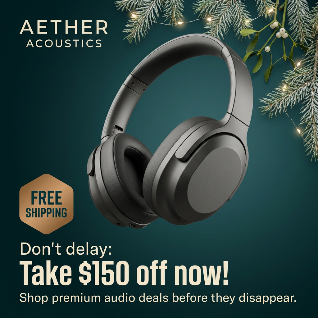 Grey over-ear headphones on a dark green background with pine branches, a free shipping badge and Take $150 off now text