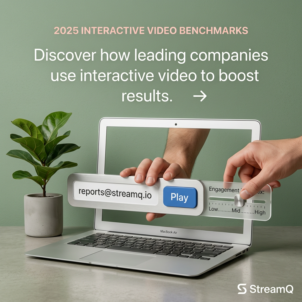 Hands reaching out of a laptop screen holding an email field, Play button and engagement slider on a sage green background