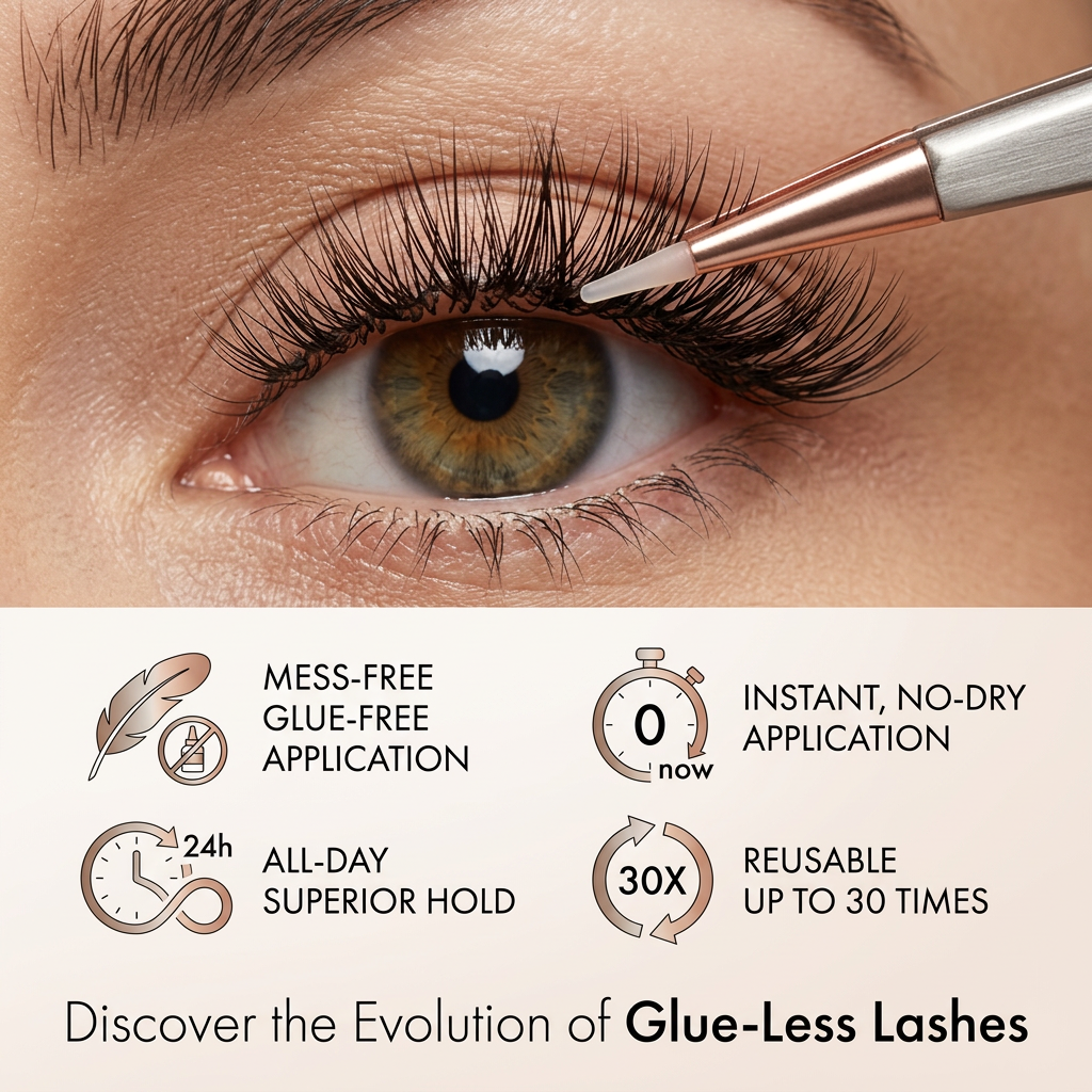 Close-up of a hazel eye with full false lashes applied with a rose-gold applicator, above four feature icons
