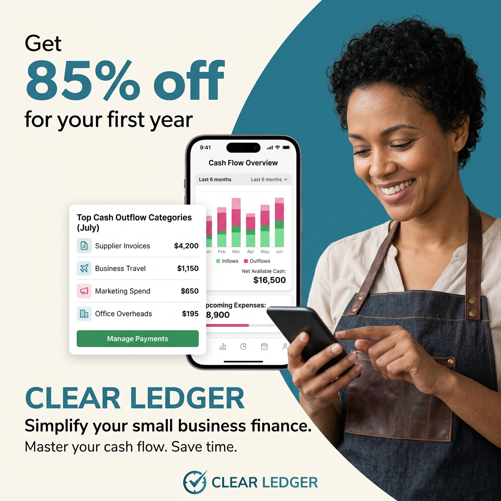 Smiling business owner in an apron using a phone next to a cash flow app screen and an 85% off first year offer