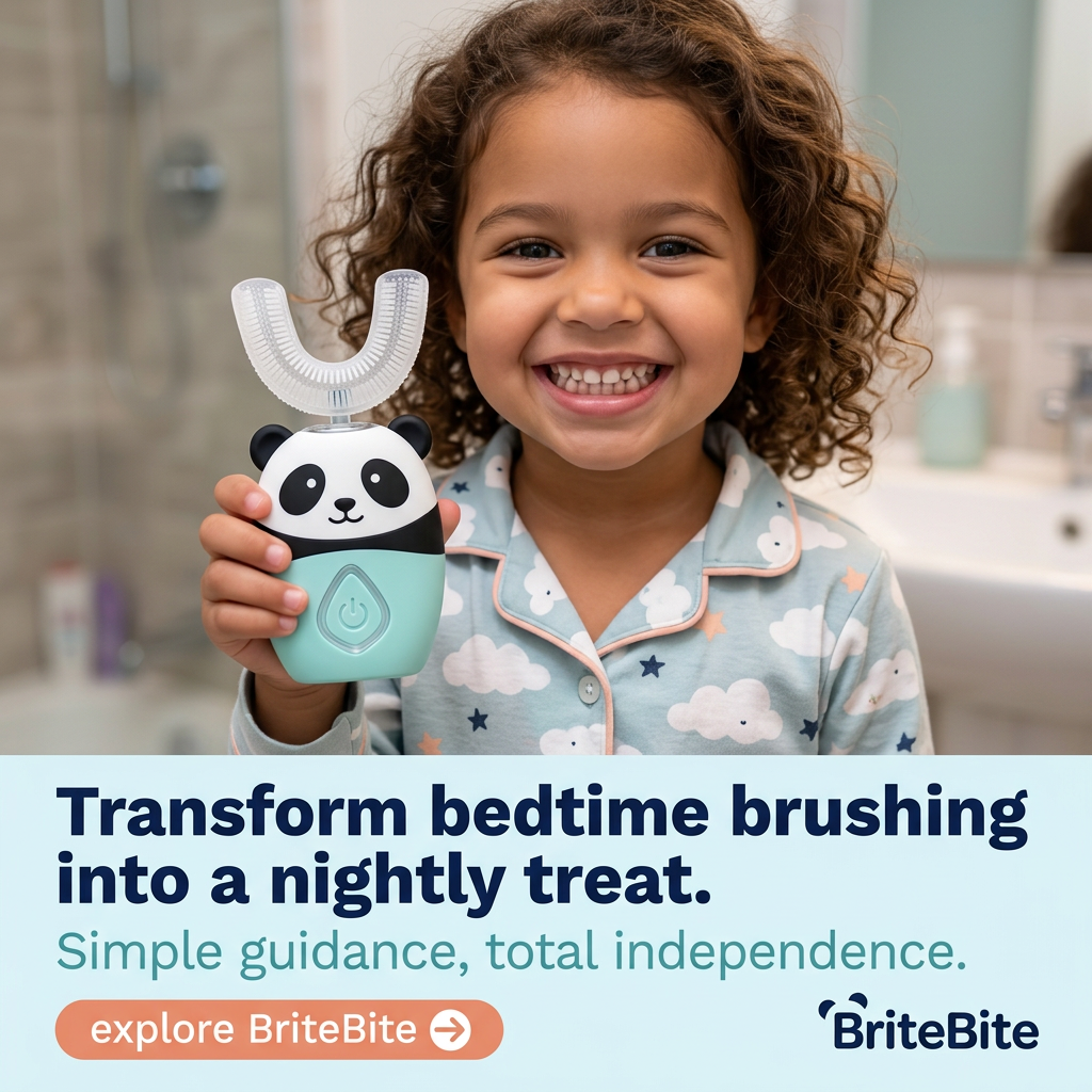 Smiling child in cloud pyjamas holding a panda U-shaped electric toothbrush in a bathroom