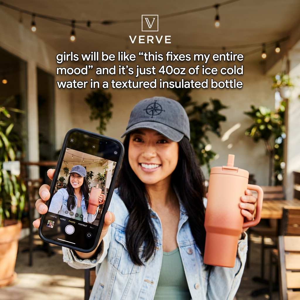 Smiling woman in a cap holding a coral 40oz insulated tumbler and a phone showing her selfie on a café patio