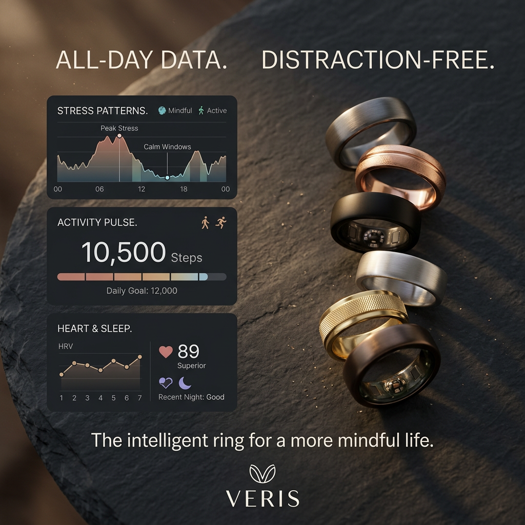 Six smart rings in metal finishes on dark slate beside app cards showing stress, steps, heart rate and sleep data