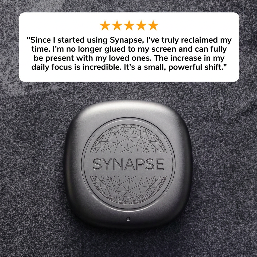 Five-star customer review in a white card above a dark grey square Synapse device on a textured felt surface