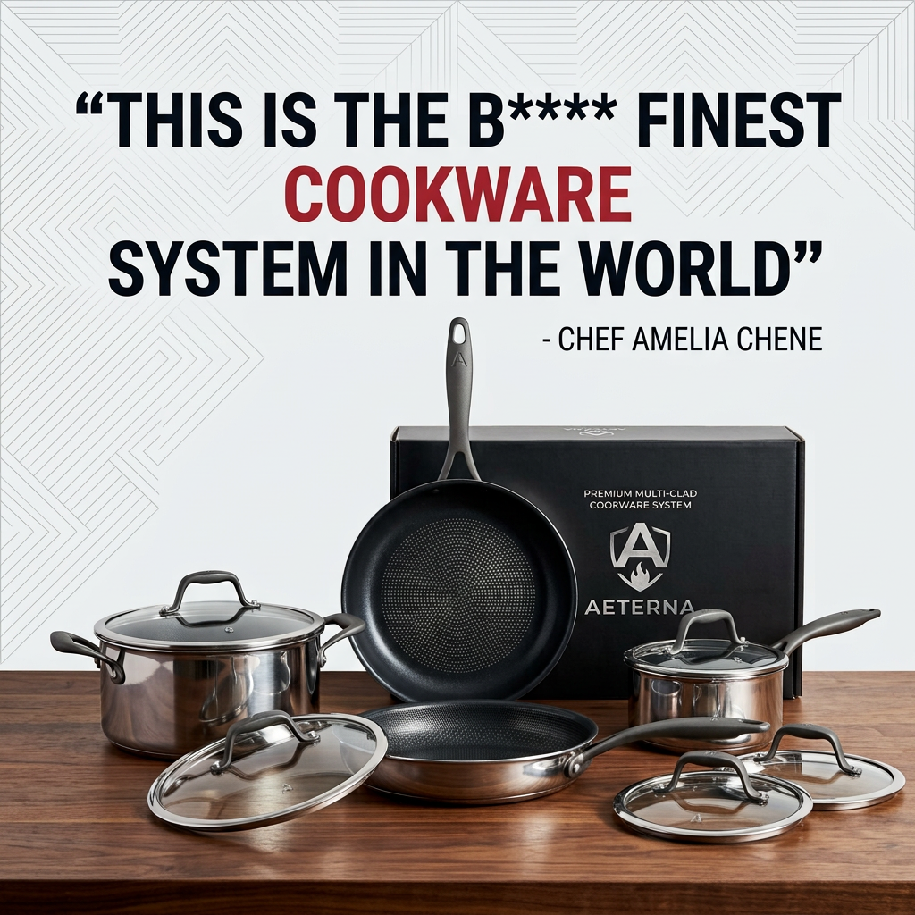 Stainless steel and non-stick cookware set with glass lids on a wooden table, black gift box, chef quote headline above