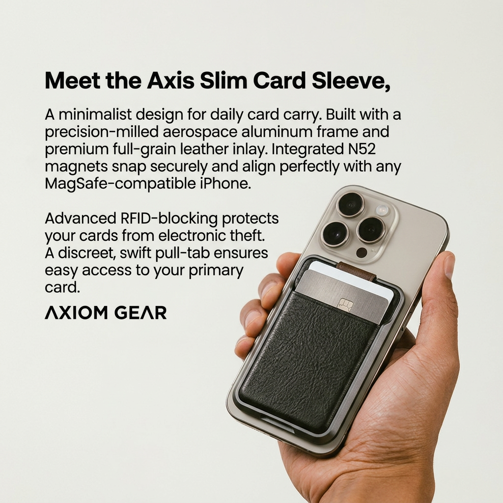 Hand holding an iPhone with a black leather MagSafe card sleeve and pull-tab, feature copy on a light background