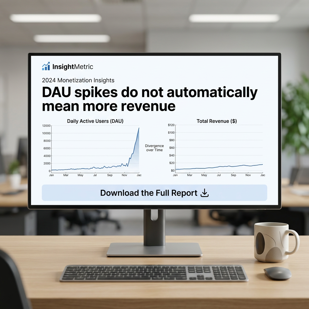 Desktop monitor in an office showing a rising user chart next to a flat revenue chart and a Download the Full Report button