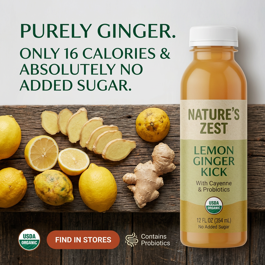 Nature's Zest Lemon Ginger Kick juice bottle beside sliced ginger and lemons on rustic wood with USDA Organic badge