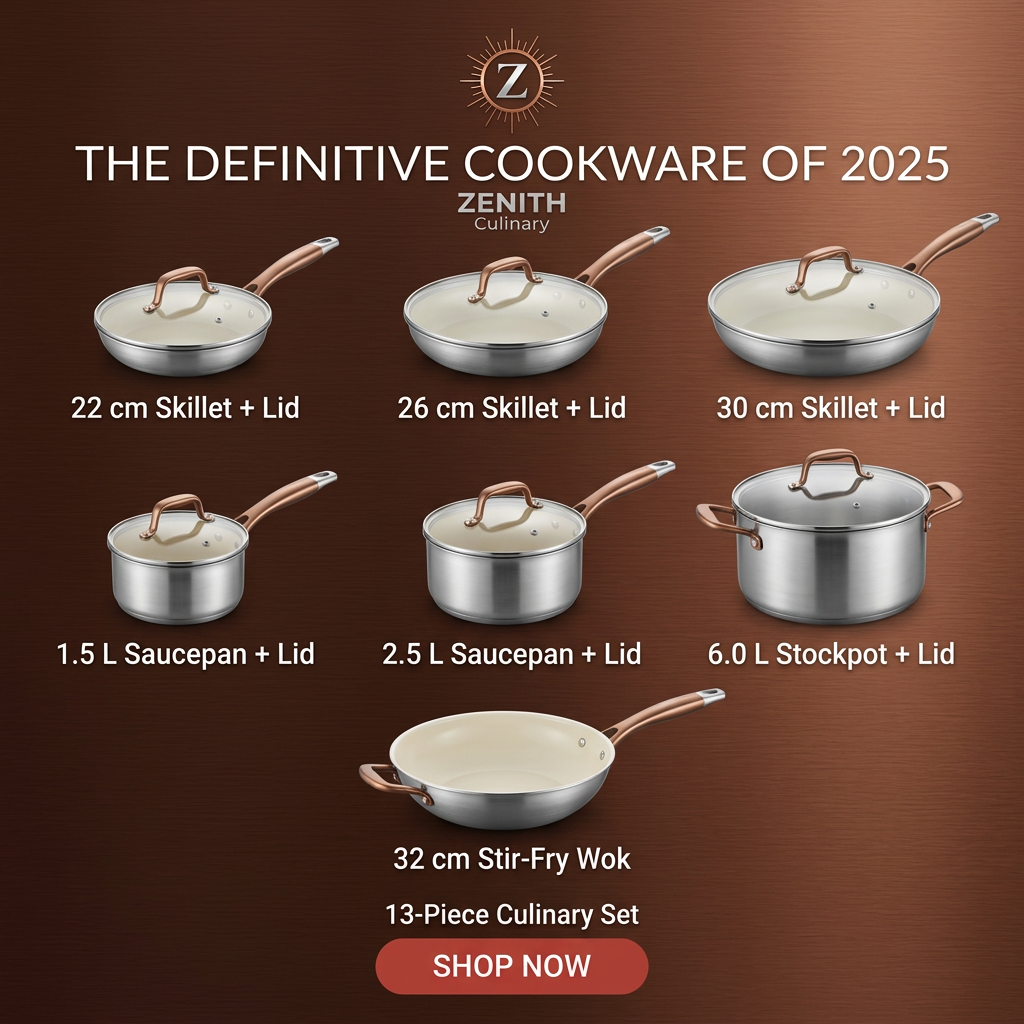 Grid of stainless steel skillets, saucepans, stockpot and wok with copper handles and size labels on a copper background