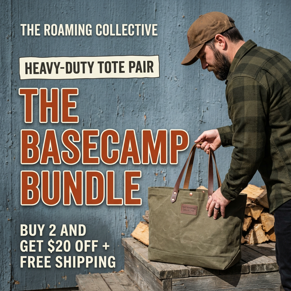 Bearded man in flannel shirt and cap lifting an olive waxed-canvas tote with leather handles beside stacked firewood