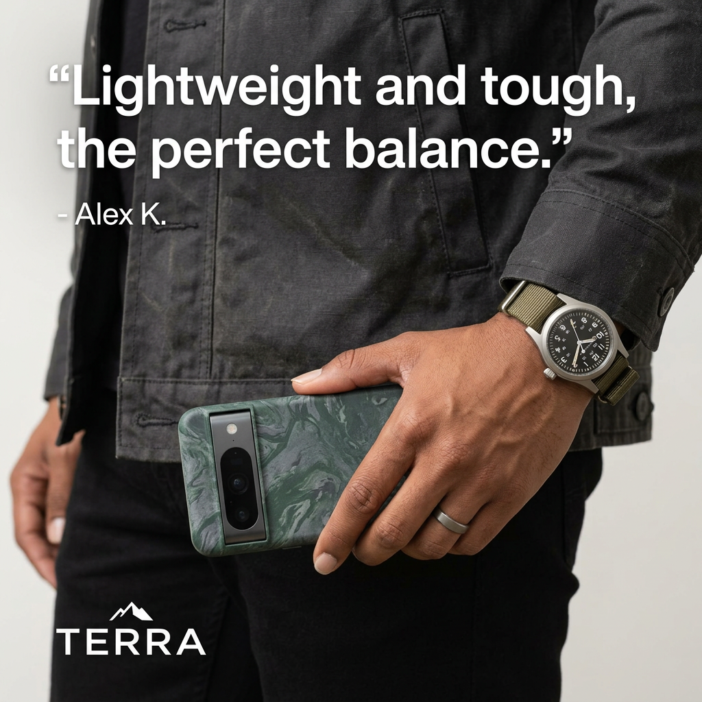 Hand in black jacket holding a smartphone in a green marbled case, wearing a field watch, white quote text above