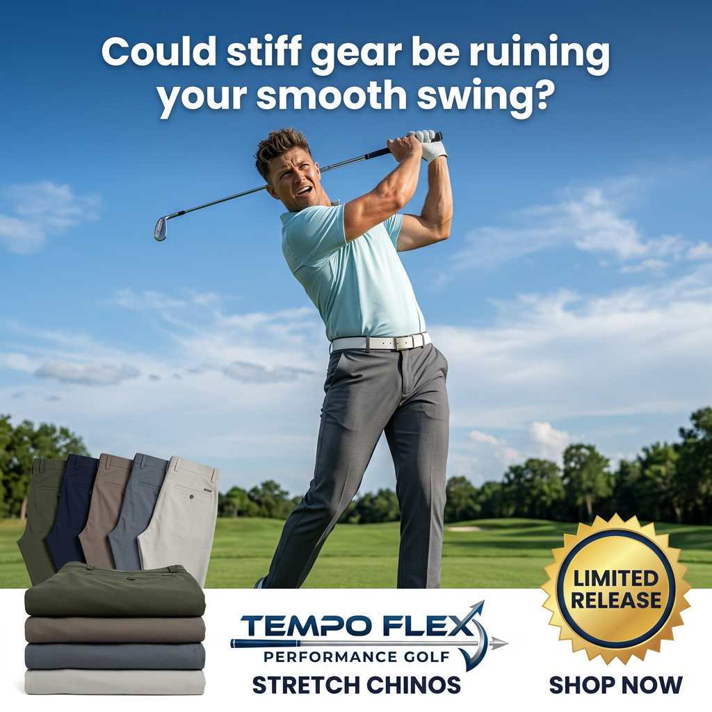 Golfer finishing his swing on a sunny course in grey chinos, folded and hanging chinos in five colours, limited release badge