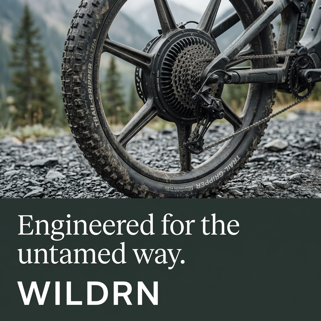 Close-up of a muddy electric mountain bike rear wheel with hub motor and knobby tyre on gravel, mountains behind