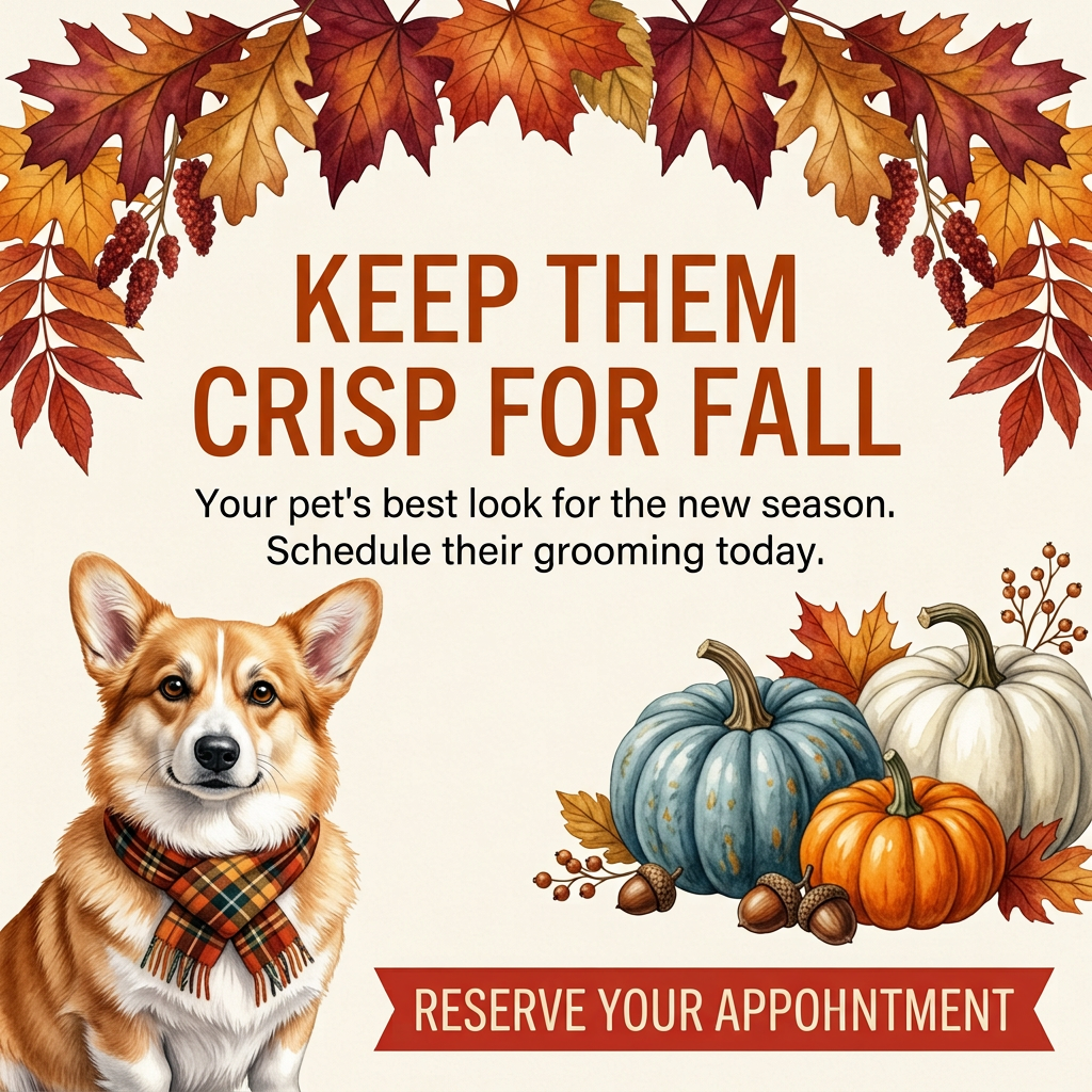 Illustrated corgi in a plaid scarf beside pumpkins and autumn leaves with the headline Keep Them Crisp for Fall