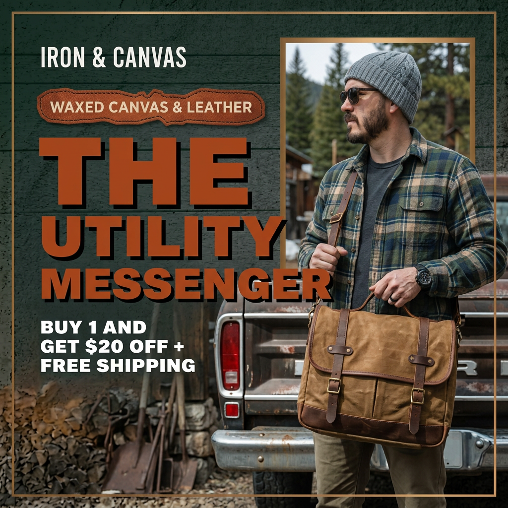 Bearded man in a flannel shirt and beanie holding a waxed canvas messenger bag in front of an old pickup truck