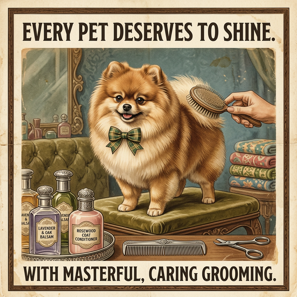 Vintage illustration of a smiling Pomeranian with a plaid bow tie being brushed on a velvet stool beside grooming products