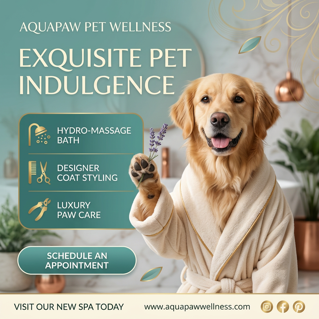 Golden retriever in a cream bathrobe holding lavender beside a teal panel listing bath, coat styling and paw care services