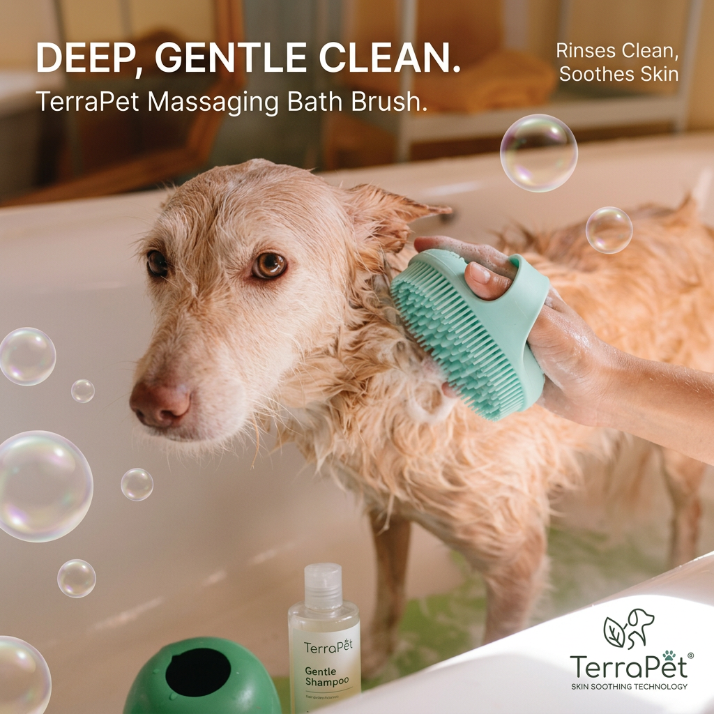 Wet dog in a bathtub being scrubbed with a mint green silicone bath brush, surrounded by soap bubbles and a shampoo bottle