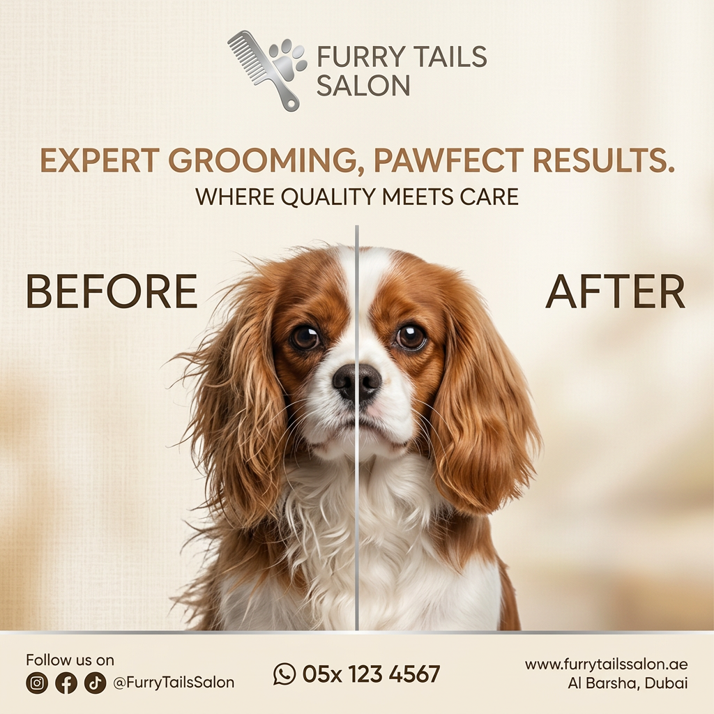 Cavalier King Charles spaniel split down the middle with a frizzy coat labeled before and a glossy groomed coat labeled after