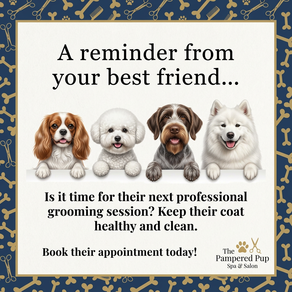 Four illustrated dogs - spaniel, bichon, pointer and samoyed - peeking over a ledge with a grooming reminder message