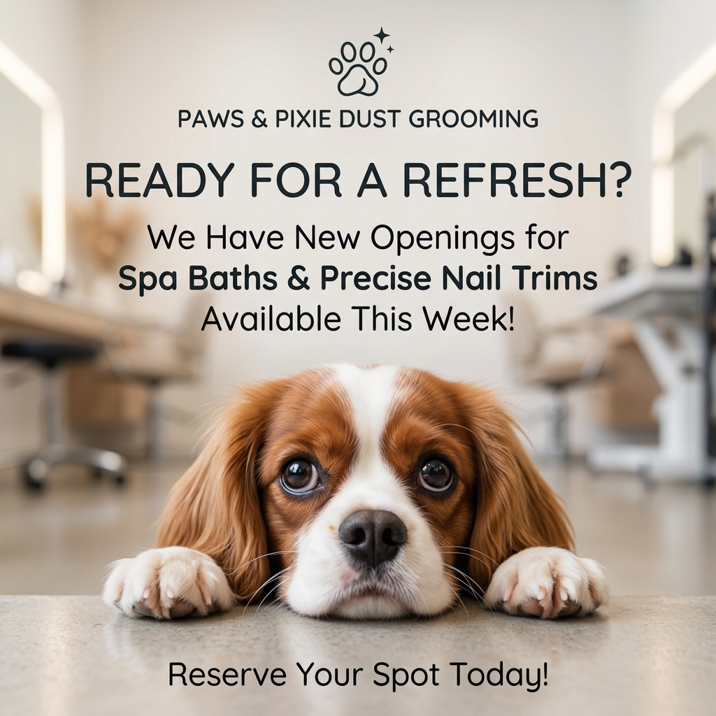 Cavalier spaniel lying on a grooming salon floor looking up, with text announcing new spa bath openings this week