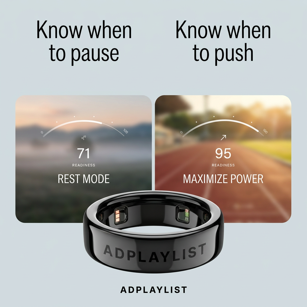 Two panels showing readiness scores of 71 (rest mode) and 95 (maximize power), with a black smart ring in front