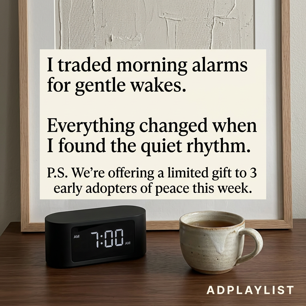 Cream note reading I traded morning alarms for gentle wakes above a black alarm clock showing 7:00 and a ceramic mug