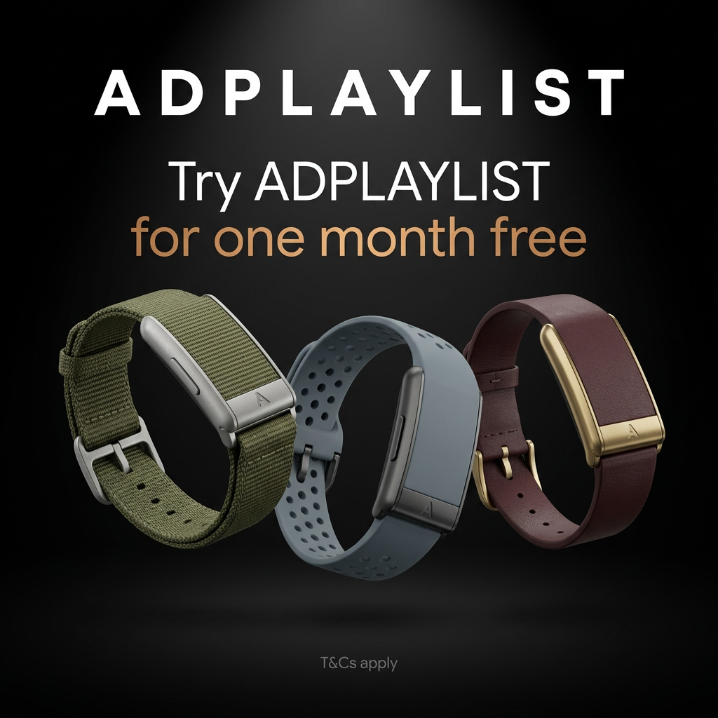 Three fitness tracker bands in olive woven, slate blue sport and burgundy leather floating on black under a free-month offer
