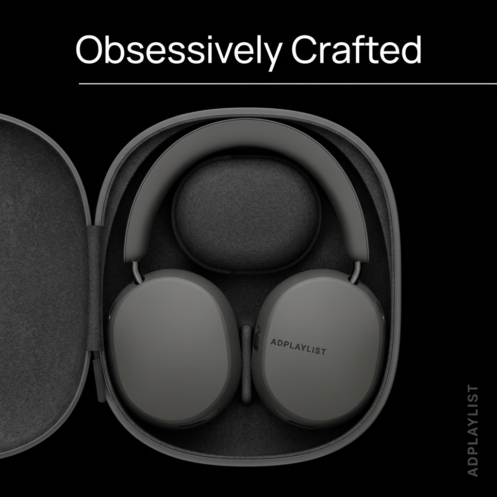 Grey over-ear headphones folded inside an open felt-lined travel case, shot from above on a black background