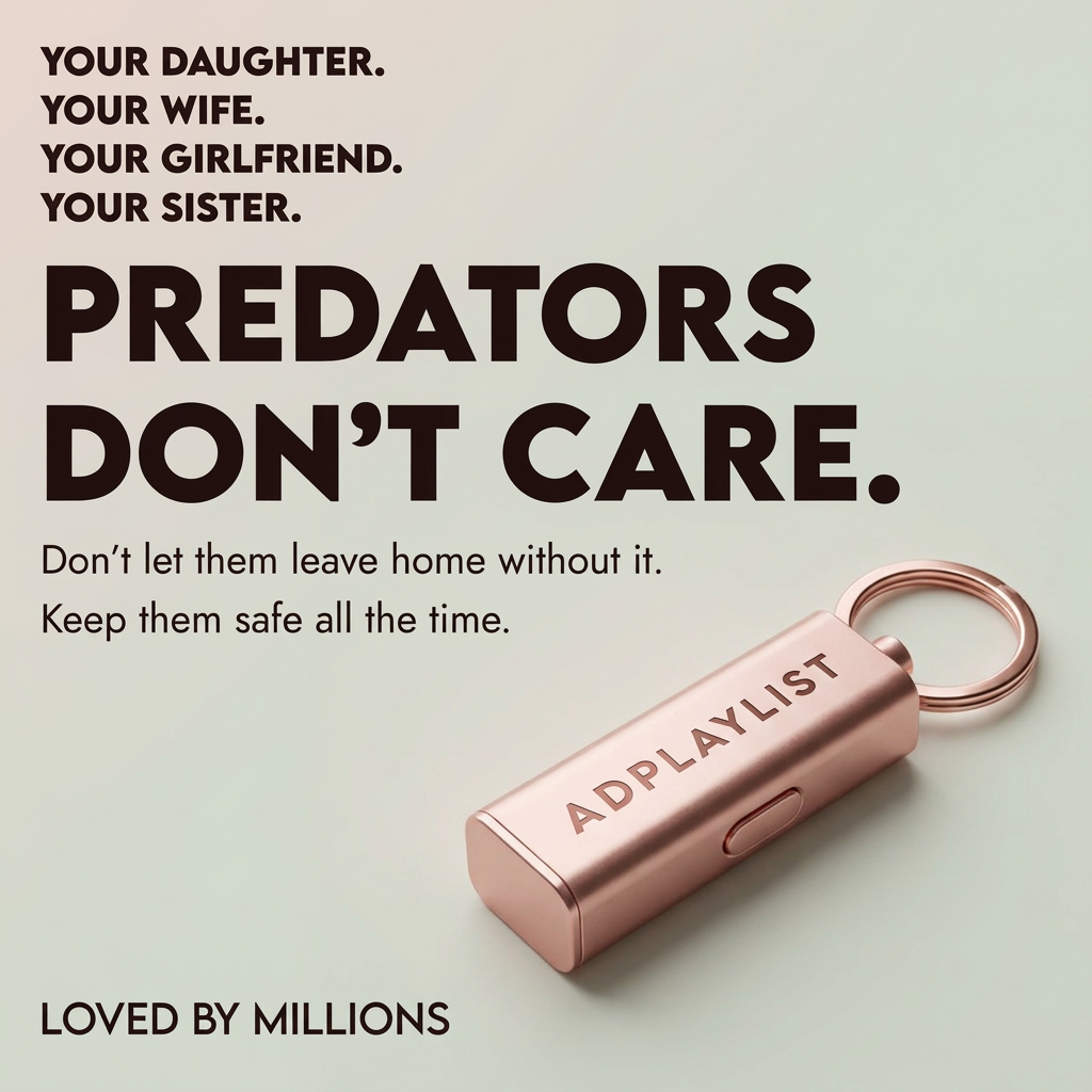 Rose-gold keychain safety alarm with a key ring on a pale background beneath a bold headline listing family members