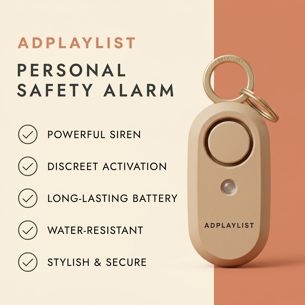 Sand-colored keychain safety alarm with a gold ring on a terracotta panel, next to a checklist of five features