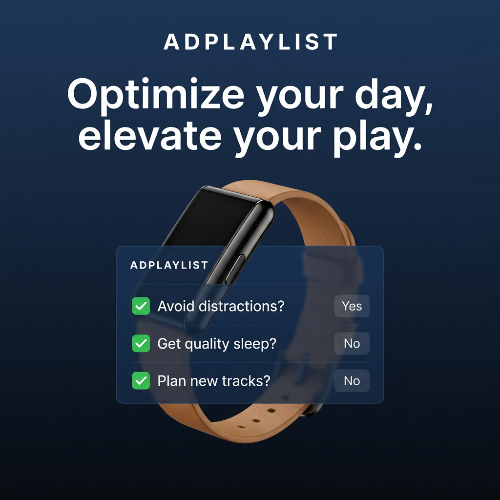 Smart band with a tan leather strap on navy, with a frosted card asking about distractions, sleep and planning tracks