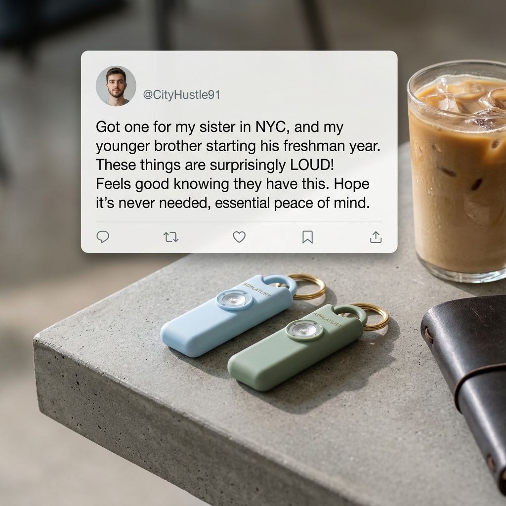 Social post about buying safety alarms for siblings above two pastel blue and green keychain alarms on a concrete table