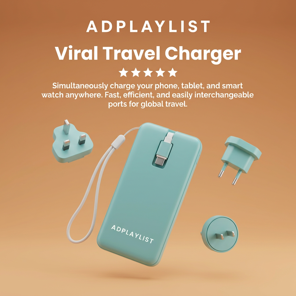 Mint green travel power bank with built-in cable floating among UK, EU and US plug adapters on an orange gradient