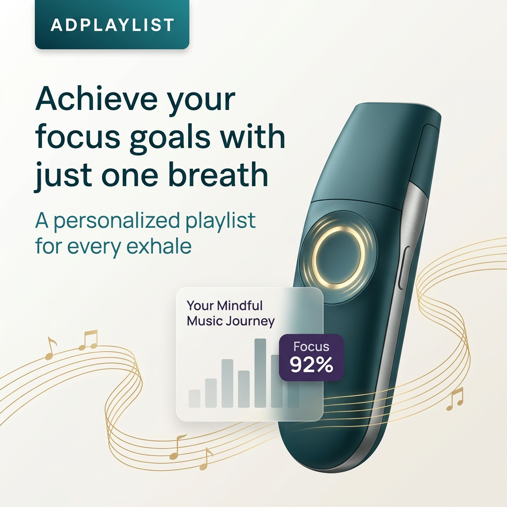 Teal handheld breathwork device with a glowing ring, gold music staves and a card showing a 92 percent focus score