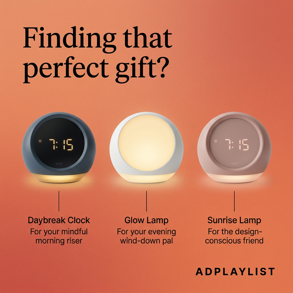 Three round sunrise clocks and lamps in navy, white and blush in a row on a coral gradient, each with a gift label
