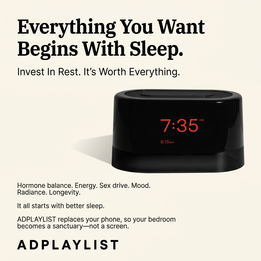 Glossy black alarm clock showing 7:35 in red on a cream background, with a sleep headline and benefit list