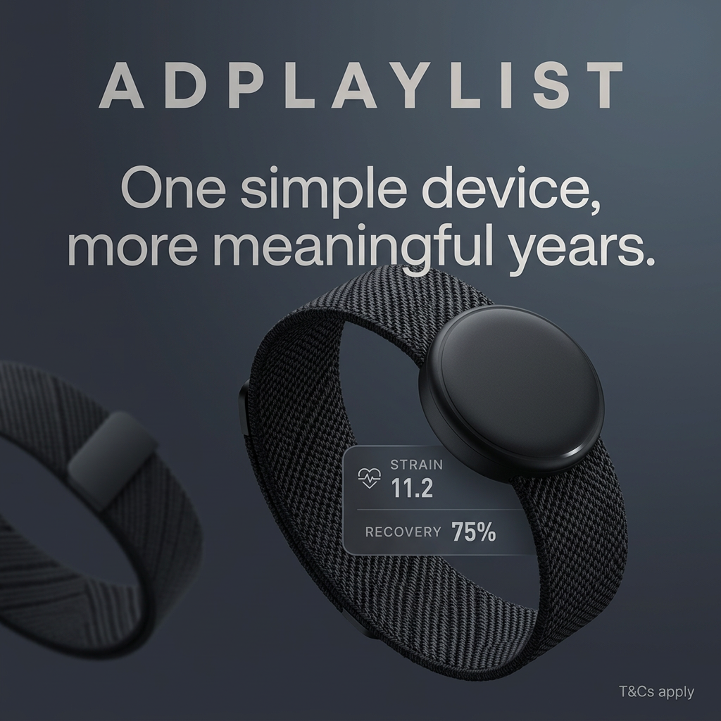 Black woven fitness band with a round sensor pod and a card showing strain 11.2 and recovery 75% on dark slate