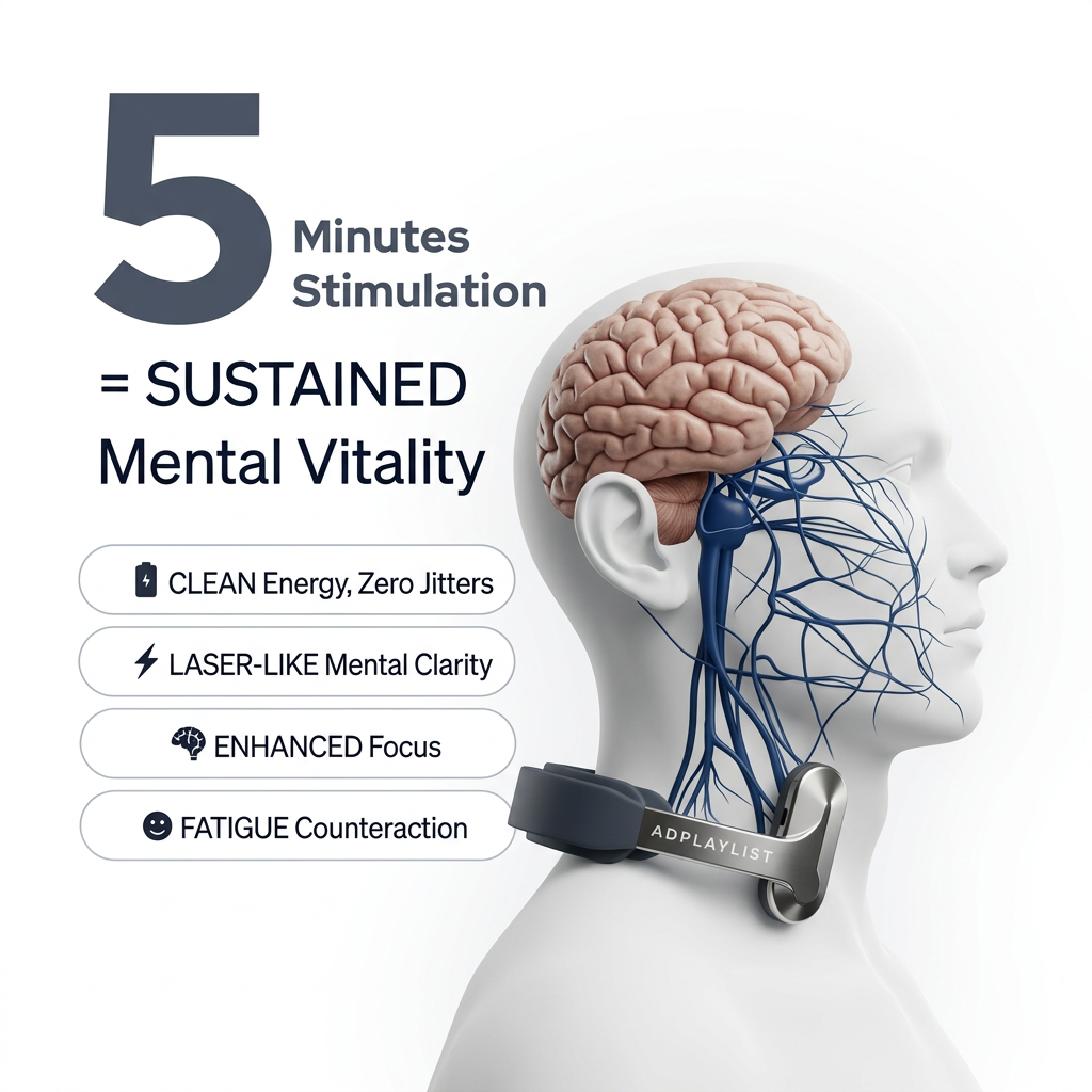 Anatomical side view of a head showing the brain and blue vagus nerve, a silver neck device and four benefit pills