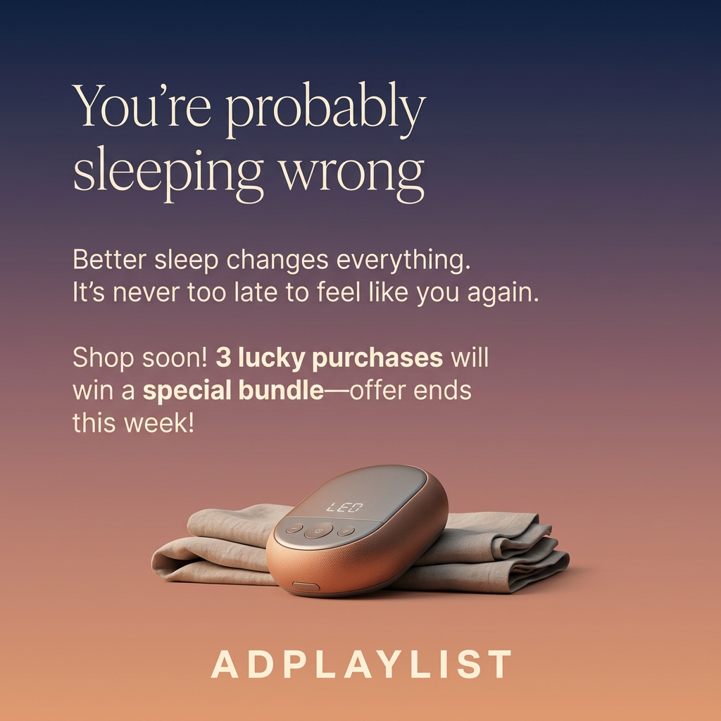 Copper oval sleep device with buttons resting on folded linen under a twilight gradient and a sleeping wrong headline